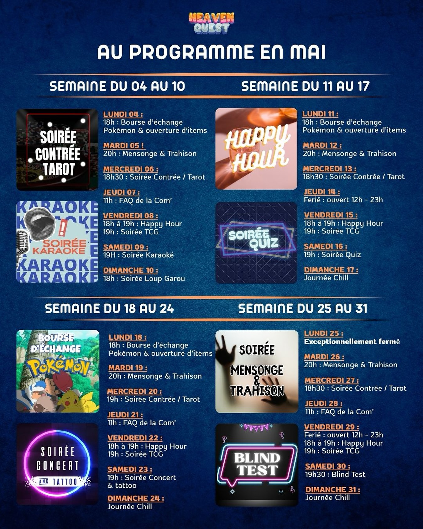 planning des animations heaven quest bar à jeux pertuis mois de mai 2026